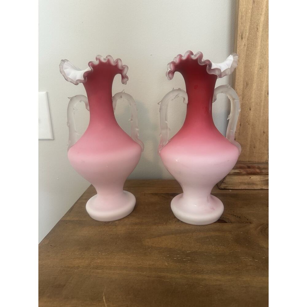 Pair Antique Victorian Pink Satin Glass Vases W/Thorn Handles. Handblown. 11”T